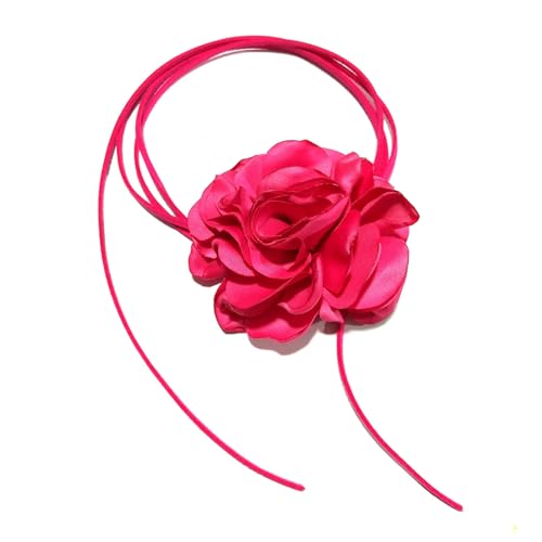 Pink Flower Choker for Women, Flower Necklace Big Camellia Lace Collar Necklace Valentines Christmas Wedding Party Jewerly - Hot Pink