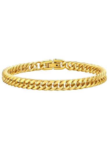 ChainsHouse Stainless Steel Cuban Link Bracelet, 6mm/8mm/12mm/17mm Width, 7.5"/8.3"/9", Black/ 18K Gold Plated Chain Wrist Bracelets for Men Women, Send Gift Box - color: M: Gold-6mm width