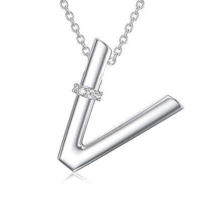 Initial Pendant Necklace 14K White Gold Plated A-Z 26 Letter Alphabet Pendant 925 Sterling Silver Jewelry Gift for Women Girls Teens - style: Alphabet - V
