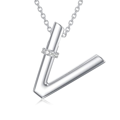 Initial Pendant Necklace 14K White Gold Plated A-Z 26 Letter Alphabet Pendant 925 Sterling Silver Jewelry Gift for Women Girls Teens - style: Alphabet - V