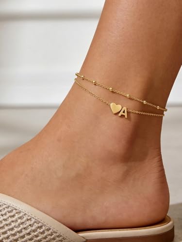 Ankle Bracelets for Women Waterproof 14K Gold/Silver/Black Initial Anklet for Women Dainty Layered Heart Ankle Bracelets Stainless Steel Adjustable Foot Chain Anklet Summer Beach Jewelry - color: A-Gold