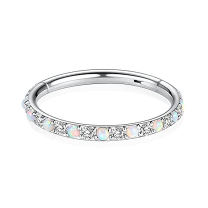 GAGABODY Surgical Steel Hypoallergenic Nose Ring Earring CZ Hoop for Unisex | Hinged Seamless Clasp,Used in Nostril,Septum,Lip,Eyebrow,Nipple and All Ear Piercings.22G to 12G,Inner Diameter 5mm to 14mm - color: Style5:Silver+Clear CZ & White Opal, size: 1