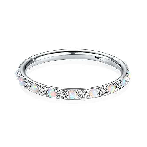 GAGABODY Surgical Steel Hypoallergenic Nose Ring Earring CZ Hoop for Unisex | Hinged Seamless Clasp,Used in Nostril,Septum,Lip,Eyebrow,Nipple and All Ear Piercings.22G to 12G,Inner Diameter 5mm to 14mm - color: Style5:Silver+Clear CZ & White Opal, size: 1