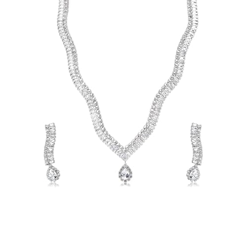Cubic Zirconia Jewelry Set for Women Silver V Shaped Necklace and Teardrop Earrings Sparkling Rhinestone Jewelry Set Gift for Girlfriend