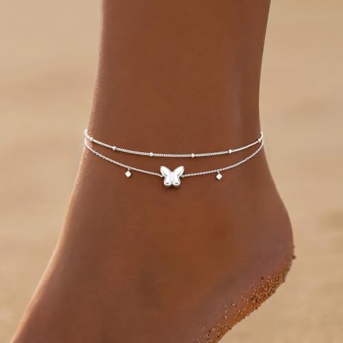 Gold/Sterling Silver Anklet Bracelets for Women Waterproof, Non Tarnish 925 Sterling Sliver Plated Heart Evileye Butterfly Charm, Dainty Summer Beach Anklets for Women, Beach Vacation Bikini Outfits for Her Mom - style: Butterfly-Silver