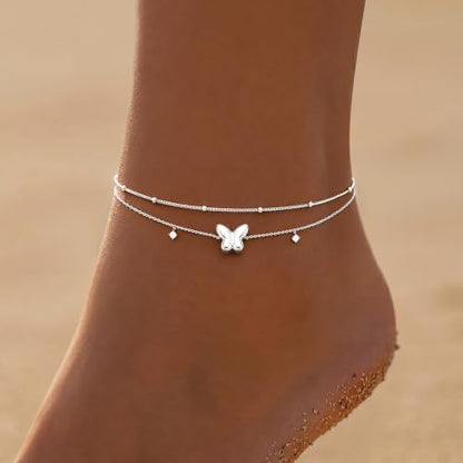 Gold/Sterling Silver Anklet Bracelets for Women Waterproof, Non Tarnish 925 Sterling Sliver Plated Heart Evileye Butterfly Charm, Dainty Summer Beach Anklets for Women, Beach Vacation Bikini Outfits for Her Mom - style: Butterfly-Silver