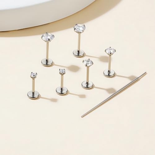 Gotumo 20G Flat Back Earrings Stud G23 Titanium Threadless Tragus Labret Cartilage Lip Medusa Conch Body Piercing Jewelry Hypoallergenic for Women Men - color: Silver 20G Bar-6/7/8mm&CZ-2/3/4mm