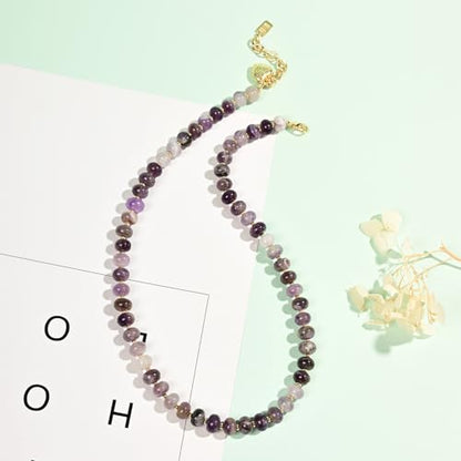 Boho Gemstone Beaded Necklace for Women – Colorful Natural Stone Choker 18K Solid Heart-Shaped Pendant, Summer Beach Jewelry - color: Amethyst