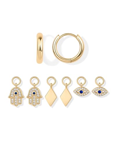 PAVOI 14K Gold Plated Huggie Earring Charms for Women - Mix and Match Huggie Hoop Earrings with Charms Pack - Dangle Dainty Motif Set with Cubic Zirconia, Heart, Cross, Pearl & Evil Eye Jewelry - Valentines Day Trendy Jewelry - style: Evil Eye