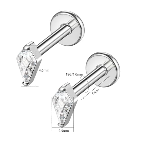 BelezaDosas G23 Hypoallergenic 18g Flat Back Studs Earrings F136 Implant Grade Titanium Tiny Press Fit Threadless Push in Cartilage Helix Labret Lip Conch Tragus Piercing Jewelry - style: BD-Rhombus-clear
