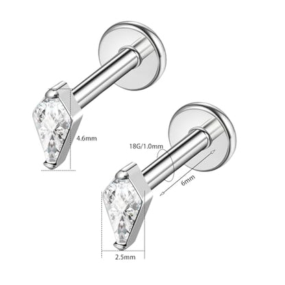 BelezaDosas G23 Hypoallergenic 18g Flat Back Studs Earrings F136 Implant Grade Titanium Tiny Press Fit Threadless Push in Cartilage Helix Labret Lip Conch Tragus Piercing Jewelry - style: BD-Rhombus-clear