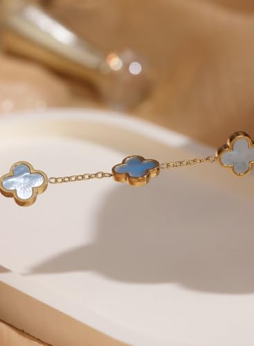 Clover Necklace and Bracelet Set + Four Leaf Clover Earrings, 18K Gold Plated Dainty Jewelry Gift for Women (Pearl White/Ocean Blue/Sweet Lilac) - color: Ocean Blue