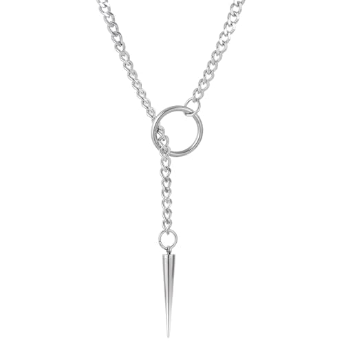 Slip Chain Choker for Women Handmade Black Stainless Steel Cuban Chain Chunky Moon Bat Raven Skull Pendant Gothic Punk Rock Collar Adjustable Lariat Y Necklace for Men - style: Silver Spike