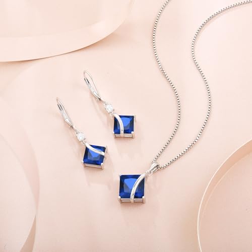 Square Princess Cut Necklace 925 Sterling Silver Solitaire Pendant Necklace Birthstone Jewelry Gifts for Women - color: 09 September - Sapphire
