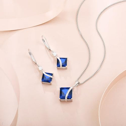 Square Princess Cut Necklace 925 Sterling Silver Solitaire Pendant Necklace Birthstone Jewelry Gifts for Women - color: 09 September - Sapphire