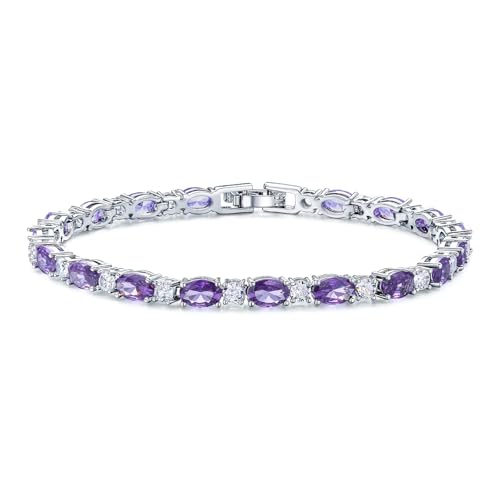Classic Oval Birthstone Tennis Bracelet for Women - 4 * 6mm Cubic Zirconia Tennis Bracelet Jewelry Birthday Anniversary Wedding Valentine's Day Gift for Her Wife Girlfriend Mom-Size 7.0" - color: 02-Feb-Amethyst Violet