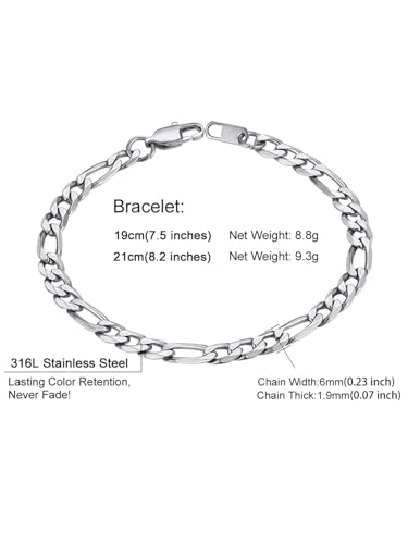 ChainsHouse Figaro Link Chain Bracelet for Men Stainless Steel Jewelry | Black/ Gold Bracelets Men, 6/9/13mm Figaro Cuabn Bracelets 7.5"/8.3", Chunky Hip Hop Wrist Hand Chain Bracelet for Gift - color: e: 6mm-stainless