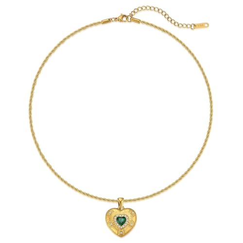 NUZON Sunburst Heart / 2-Tone Interlocking/CZ Evil Eye/Single Pearl/Love Heart Pendant Necklace for Women 14K Gold Chain Necklace Chunky Statement Jewelry - color: Emerald Heart