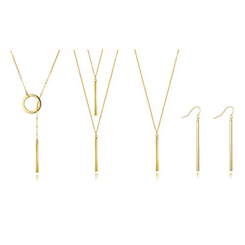 WLLAY 4Pcs Lariat Y Necklace Bar Earrings Set Minimalist Chic Drop Bar Y Chain Pendant Long Stick Dangle Earrings Sweater Jewelry