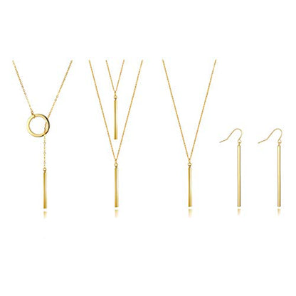 WLLAY 4Pcs Lariat Y Necklace Bar Earrings Set Minimalist Chic Drop Bar Y Chain Pendant Long Stick Dangle Earrings Sweater Jewelry