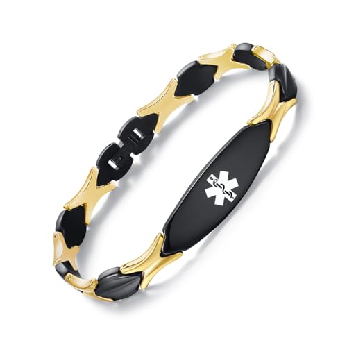 LinnaLove Fashion Shiny medical alert bracelet with Free Engraving Stainless steel Medical id bracelet for Women - color: BLACK-GOLD