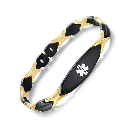 LinnaLove Fashion Shiny medical alert bracelet with Free Engraving Stainless steel Medical id bracelet for Women - color: BLACK-GOLD