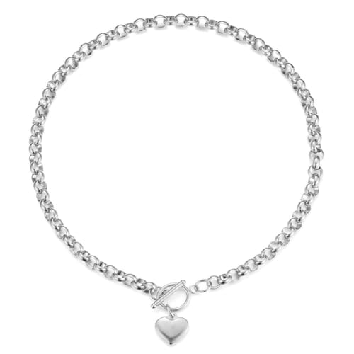 Stainless Steel Puffy Heart Pendant Round Chain Chunky Necklace - size: 20inch