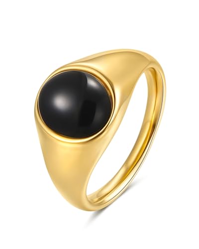 YeGieonr Gold Signet Rings for Women Non Tarnish Gold Rings, Waterproof Gemstones Statement Ring, 18K Gold Plated Stainless Steel Gem Stone Jewelry Gift for Everyday Wear - color: Black Onxy