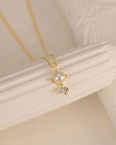 Pearl Necklace for Women- 14K Gold-plated/White Gold-plated Dainty Pearl Necklace for Women - color: Gold CZ pearl 373