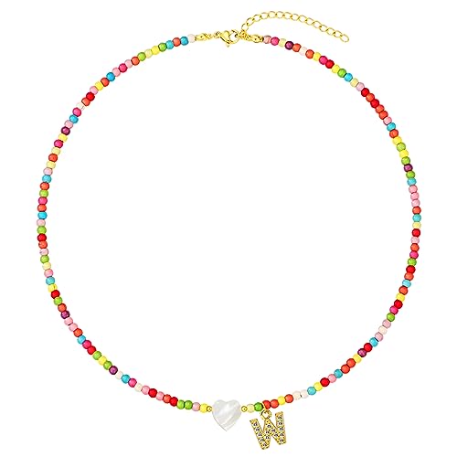 MJartoria Initial Necklaces for Women, Colorful Beaded Necklace, Shell Beach Necklace Letter Choker Handmade Jewelry Gifts - style: W