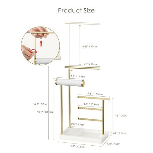 SZQINJI 5 Tier Jewelry Holder Organizer, Gold Necklace Stand Display, White | Velvet Bracelet Holder, Adjustable Height Jewelry Display for Necklaces, Bracelets, Earrings, Rings, Gift Idea for Women - color: White