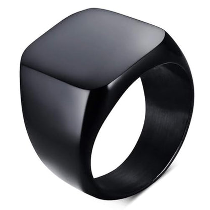 Men's Stainless Steel Square Biker Signet Ring, Black Silver Gold Styles | plain flat top, polished and brushed finish options, chunky profile, pinky or thumb styling, gift-ready for dad or him - color: Black