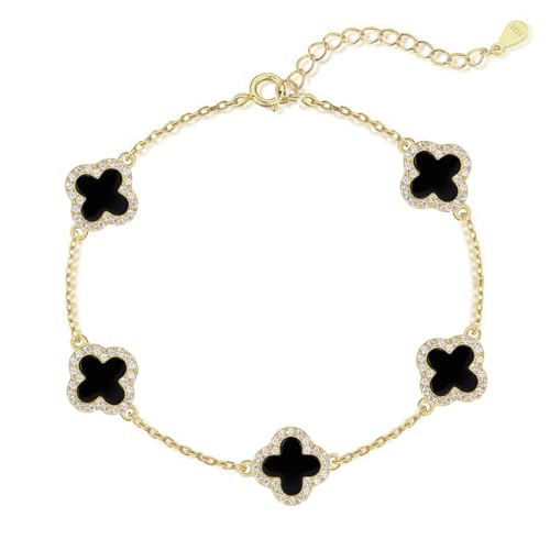 925 Sterling Silver Four Leaf Clover Bracelet – Real Silver Lucky Clover Jewelry for Women, Dainty Good Luck Gift for Her - color: Gold – Black Onyx