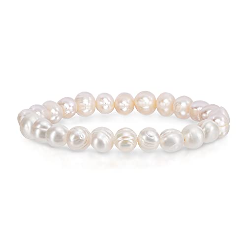 Savlano 8-9MM Cultured Freshwater Baroque Pearl Stretch Bracelet 7 Inches. Available In a Range of Beautiful Colors, For Women Comes with Gift Box - color: White
