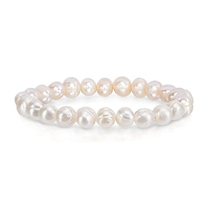 Savlano 8-9MM Cultured Freshwater Baroque Pearl Stretch Bracelet 7 Inches. Available In a Range of Beautiful Colors, For Women Comes with Gift Box - color: White