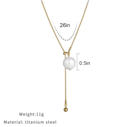 Pearl Lariat Necklace for Women Gold Silver Y lariat Pearl Necklace Long Pearl Sliding Necklace Adjustable Pearl Drop Necklace Thin Snake Chain Necklace Wedding Dress Jewelry