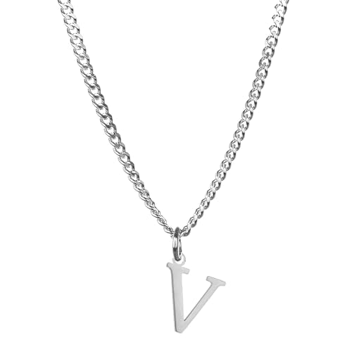 Men’s Minimal Initial Necklace, Stainless Steel Gold Silver Tone 26 Letters Pendant Necklace for Men Women 3.5mm Cuban Chain Waterproof - style: V