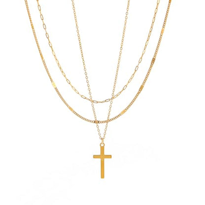 Cross Necklace for Women Dainty Layered Stainless Steel Silver Chain Necklace Stack Trendy Charm Pendant Necklaces Jewelry Set - color: Gold