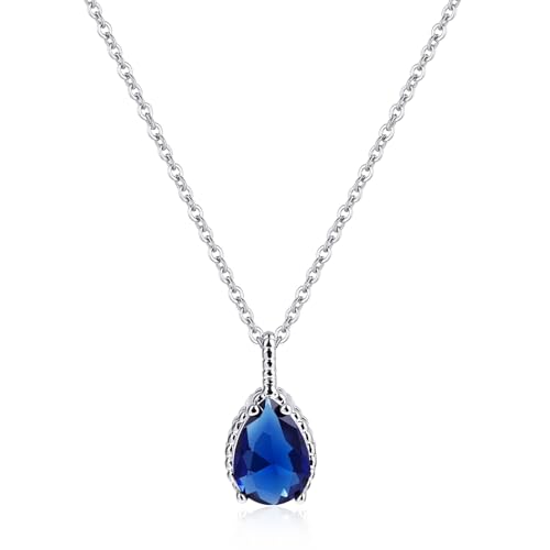 Teardrop Pendant Necklace for Women - Sterling Silver Birthstone Crystal Necklace Gift - color: Sapphire