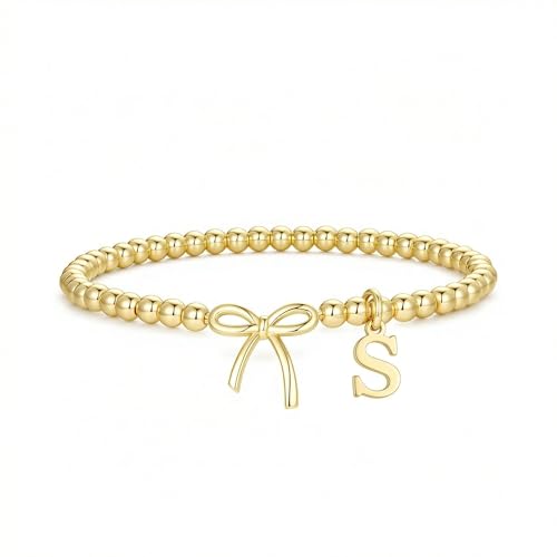 Letter A-Z Bracelets for Women Teen - Inital Beaded Bracelet with Bowknot Charm, Dainty Stretch Stackable Bracelet, Trendy Jewelry Gifts for Birthday Easter Basket Stuffers - style: Gold: S
