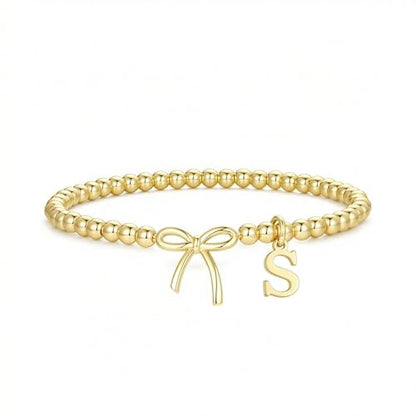 Letter A-Z Bracelets for Women Teen - Inital Beaded Bracelet with Bowknot Charm, Dainty Stretch Stackable Bracelet, Trendy Jewelry Gifts for Birthday Easter Basket Stuffers - style: Gold: S