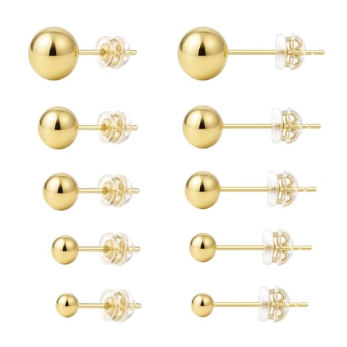 Sterling Silver Earrings for Women: Hypoallergenic 925 Sterling Silver Round Ball Stud Earrings for Women Multiple Piercing 5 Pairs Tiny Stud Earrings 2mm 3mm 4mm 5mm 6mm - style: Gold stud earrings