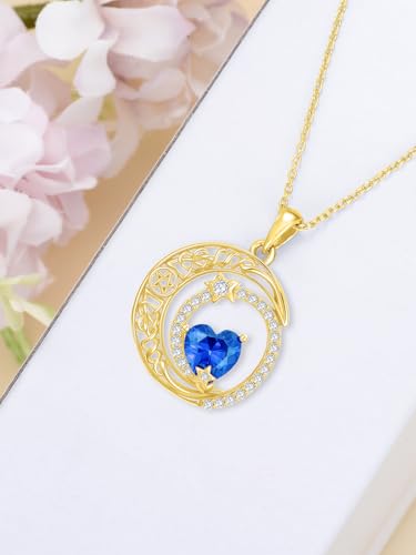 Midari 18K Yellow Gold Sun Moon Star Pendant Rose Flower Necklaces I Love You Forever Sun Moon Jewelry Gift for Mother Women - color: 09-Sep-Sapphire, style: Moon&Star