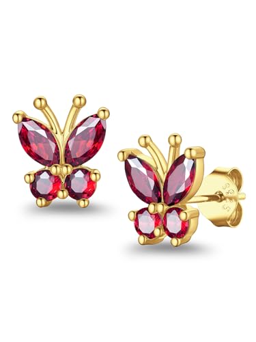 Suplight Butterfly Stud Earrings 925 Sterling Silver 14K Gold Brithstone Earrings for Women Brithstone Jewelry Gifts - color: 07.July( Ruby), size: Gold