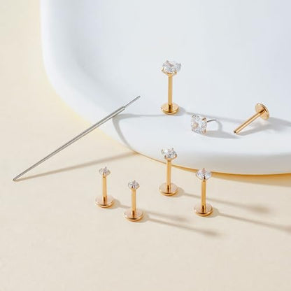 Gotumo 20G Flat Back Earrings Stud G23 Titanium Threadless Tragus Labret Cartilage Lip Medusa Conch Body Piercing Jewelry Hypoallergenic for Women Men - color: Rose Gold 20G Bar-6/7/8mm&CZ-2/3/4mm