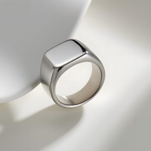 Mens Stainless Steel Plain Signet Rings 4/7/10/14MM Rectangular Pinky Rings | High Polish Classic Blank Thumb Rings, Everyday Comfit Wear, Gift for Men - color: Silver14