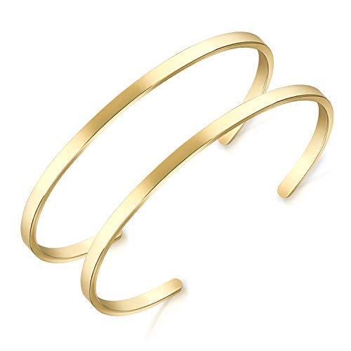Lolalet Thin Open Cuff Bracelet, Christmas Gift for Girlfriend Wife Mom, 18K Gold Plated Couples Oval Love Bracelets, Plain Polished Finish Open Cuff Bangle Jewelry Gift for Men Women - style: 2 Pack, Oval