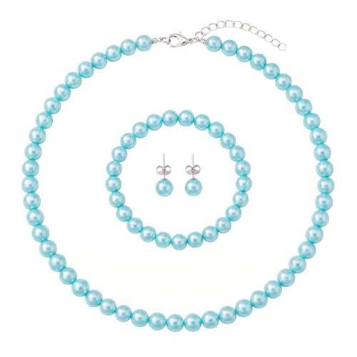 FORUBUS Imitation Pearl Jewelry Set for Women, 8mm Pearl Bead Necklace Earrings and Bracelet 3-Piece Set, 18" Round Faux Pearl Strand for Wedding, Bridal, Prom - color: Blue