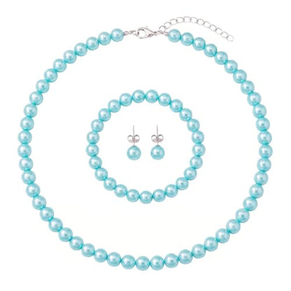 FORUBUS Imitation Pearl Jewelry Set for Women, 8mm Pearl Bead Necklace Earrings and Bracelet 3-Piece Set, 18" Round Faux Pearl Strand for Wedding, Bridal, Prom - color: Blue