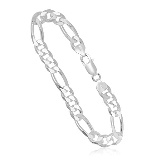 KEZEF Men's 9mm 200 Gauge Figaro Chain Solid .925 Sterling Silver Bracelet